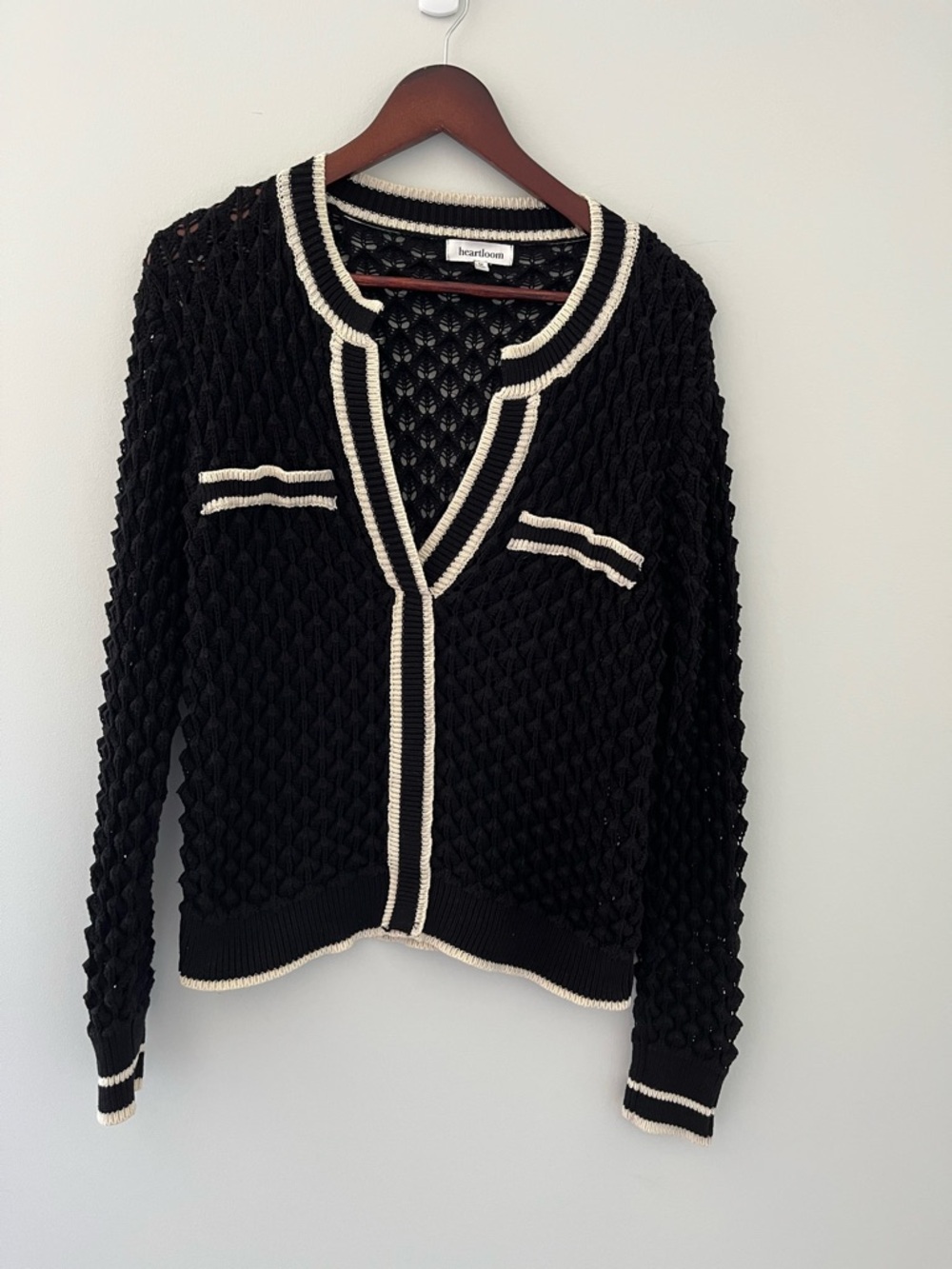 Heartloom Sybil Cotton Open Weave Knit Pullover Sweater Black Contrast Trim M - Picture 2 of 6
